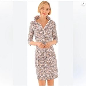 Gretchen Scott Everywhere Ruffle Neck Dress In Tan, Black, & White Piazza - L